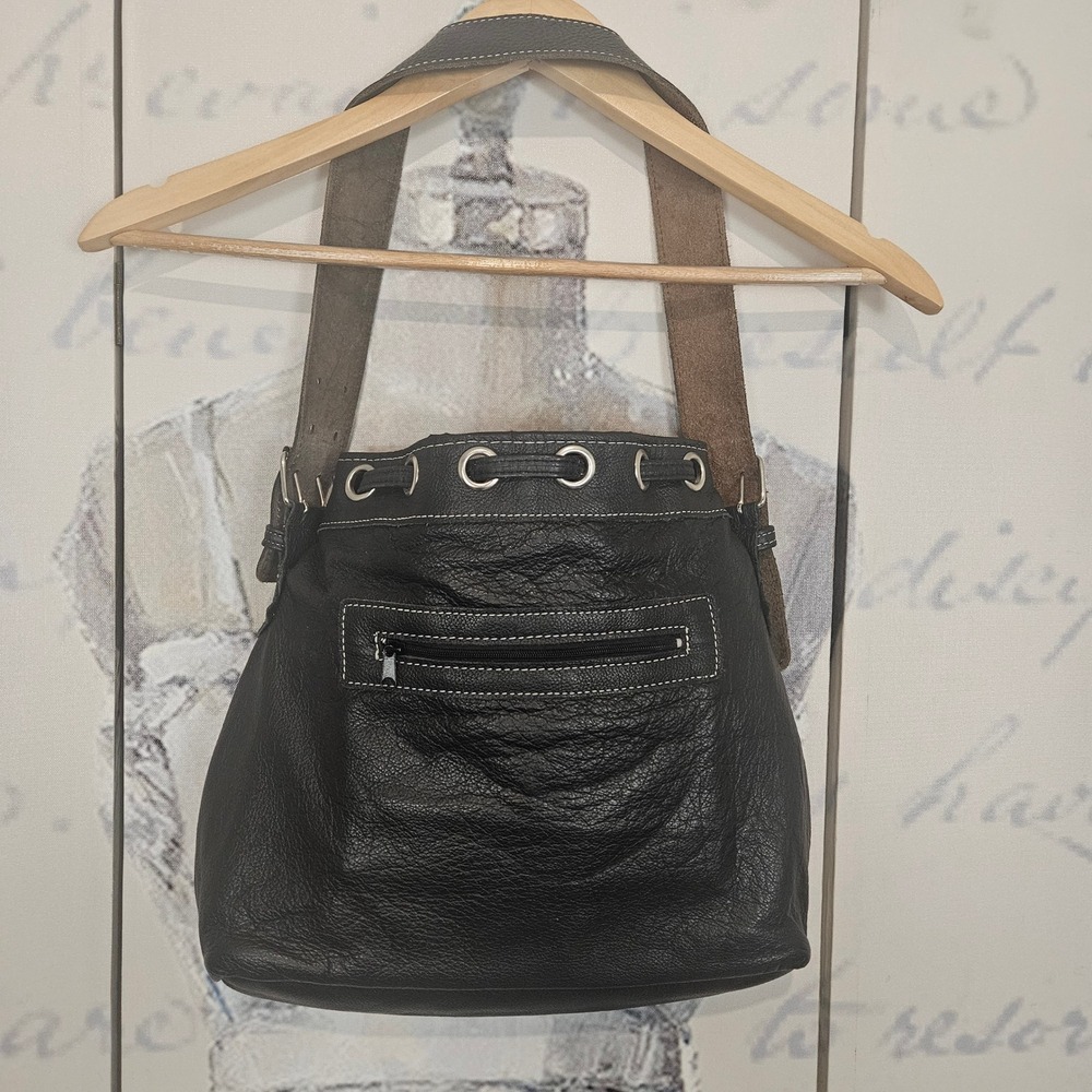 Harley-Davidson Black Pebbled Leather Bucket Bag Drawstring Shoulder Purse - Picture 2 of 7